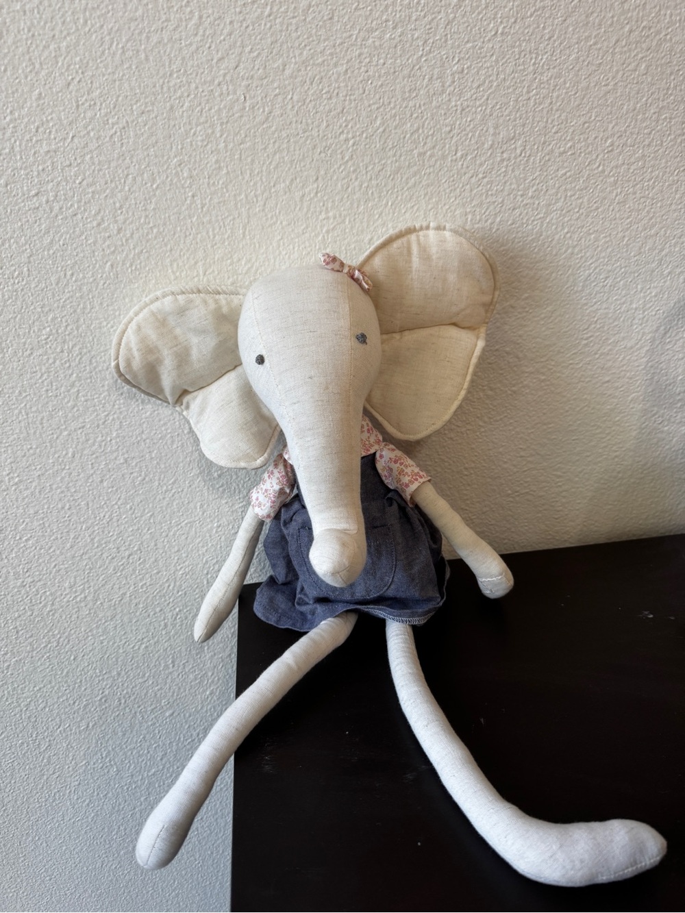 Mudpie Plush Elephant Doll in Cream with Blue Dress & Pink Bow 🎀